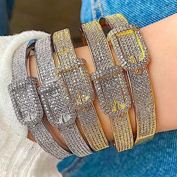 Buckle Design 18K Gold Plated Crystal Bangle Bracelet - Picture 6 of 6